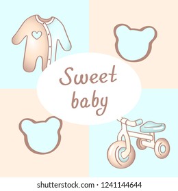 Baby birthday card, shower card, invitation card, greeting card, poster, template. Cute pastel vector illustrations. Sweet baby boy.