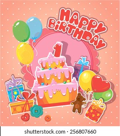 Baby Birthday Card With Teddy Bear, Big Cake And Gift Boxes. One Year Anniversary