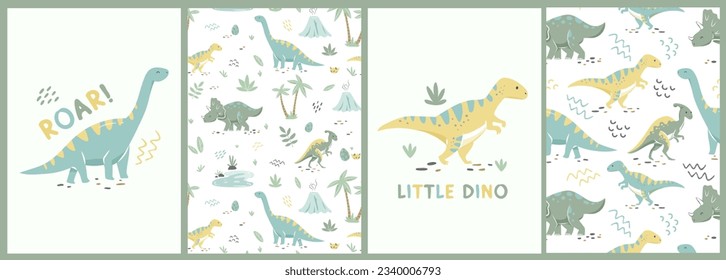 Baby birthday cards, invitations, green baby dinosaurs. Hand drawn brontosaurus, tyrannosaurus, and triceratops for birthday greeting cards, posters. Vector cartoon flat illustration