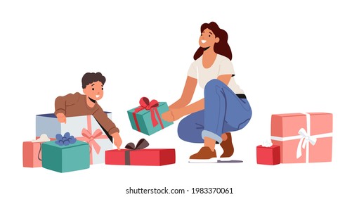 Baby Birthday Celebration. Mother Prepared Gift Surprise for Little Son. Toddler Boy Opening Presents in Room with Mom and Wrapped Boxes Isolated on White Background. Cartoon Vector Illustration