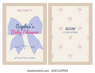 Baby birthday invitation card with cute ribbon bows in retro vintage whimsical style. Vector printable template design for newborn, baby. 