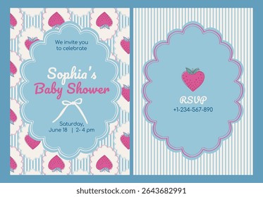 Baby Birthday invitation card with cutestrawberry and ribbon bow on blue stripes background. Vector printable template design for newborn, baby. 