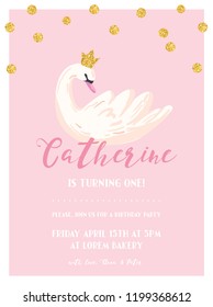 Baby Birthday Invitation Card with Illustration of Beautiful Swan and Golden Glitter Dots, arrival announcement, greetings in vector