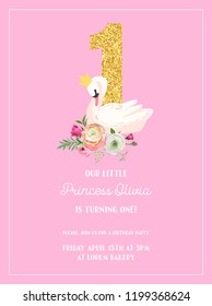 Baby Birthday Invitation Card with Illustration of Beautiful Swan, Flowers and Golden Glitter Number One, arrival announcement, greetings in vector