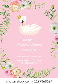 Baby Birthday Invitation Card with Illustration of Beautiful Swan and Flowers, arrival announcement, greetings in vector