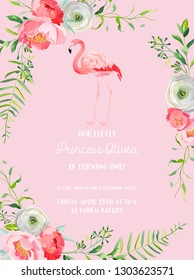 Baby Birthday Invitation Card with Illustration of Beautiful Flamingo and Flowers, arrival announcement, greetings in vector