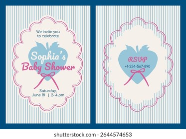 Baby birthday invitation card template with cute ribbon bow and strawberry on stripes background. Blue retro vintage whimsical style. Vector printable design for newborn, baby with hand drawn art. 
