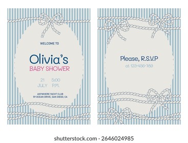 Baby birthday invitation card template with cute rope's bows and stripes in vintage nautical style ready for printing. Vector Baby shower event postcard in marine theme