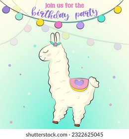 Baby birthday invitation with painted alpaca