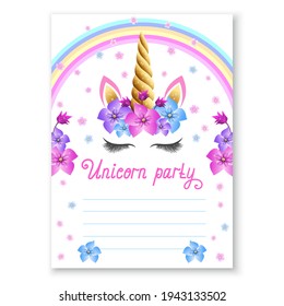 Baby Birthday Party Invitation. Fabulous Unicorn  Magical Celebration Invite. Fairy Unicorn Princess Girl For Magic Party Invitation Design.