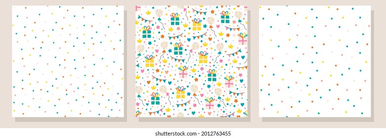 Baby birthday seamless pattern set. Backgrounds with presents, garlands, stars and hearts in nordic style and bright colors