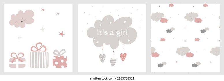Baby birthday vector set with clouds and gift boxes for girl. Festive illustrations for child kid postcards and present decoration