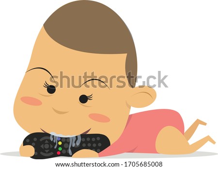 A baby biting a TV remote control