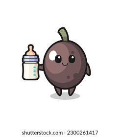 baby black olive cartoon character with milk bottle , cute style design for t shirt, sticker, logo element