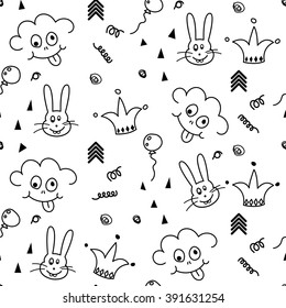 Baby black and white pattern seamless design. Nursery child drawing background for bed linen and apparel. Smileys and bunny.