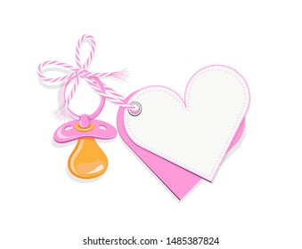 Baby blank heart card with pacifier
and bow in pink,
Vector illustration isolated on white background