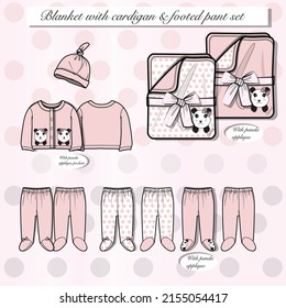 Baby blanket, cardigan and footed pant gift setch Sketches