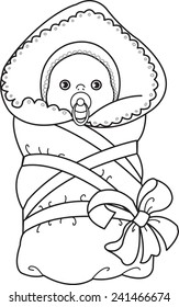 Baby in blanket. Newborn baby with pacifier in hat wrapped in blanket, tied with ribbon with bow. Coloring page