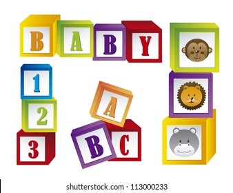 Baby Blocks With Faces Animals And Letters. Vector Illustration