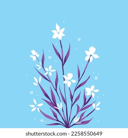 Fondo azul bebé con flores blancas vectoriales y decoración de hojas botánicas púrpura aisladas en plantilla cuadrada para la cubierta de plantillas de medios sociales, papel e impresión textil de pañuelo, afiche, folleto.