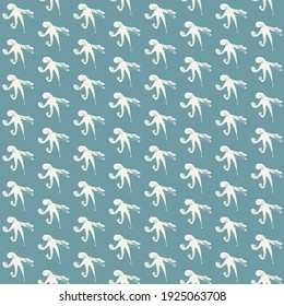 Baby blue background with white octopus repeat silhouette.
Sea life wildlife vector pattern.
