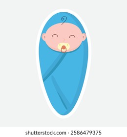 Baby in Blue Blanket Sticker. Cute illustration of a smiling baby wrapped in a blue blanket with a pacifier