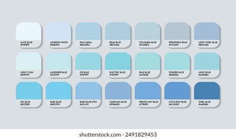 Baby Blue Color Palette, Baby Blue Color Guide Palette with Color Names. Catalog Samples of Light Blue with RGB HEX codes and Names. Sky Blues Colors Palette Vector, Fashion Trend Blue Color Palette