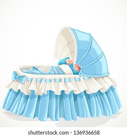 Baby in blue cradle isolated on white background