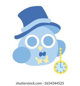Baby blue early bird icon vector isolated on white background. Aristocratic nobility Victorian era clothing. Top hat and bow tie. Golden pocket watch clock. Alice in Wonderland inspired illustration.