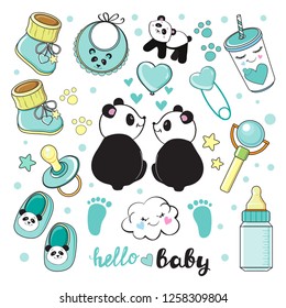 Baby blue elements collection with pandas on a white background