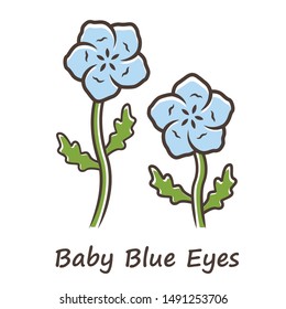 Baby blue eyes color icon. Linen blooming flower with name inscription. Nemophila menziesii garden plant. Blue flax inflorescence. Wildflower blossom. Isolated vector illustration