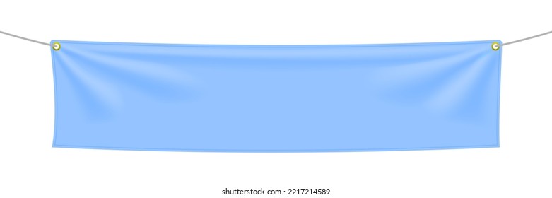 Baby Blue Fabric Banner With Folds And Transparent Shadow Isolated On White Background. Blank Hanging Textile Template. Empty Mockup. Vector Illustration