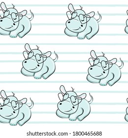 Baby blue hippo and striped background seamless pattern for kids