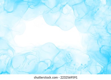 Baby blue liquid watercolor background. Blue pastel marble alcohol ink painting effect. Vector frame for birthday or wedding invitation, menu flyer, rsvp card or creative design.