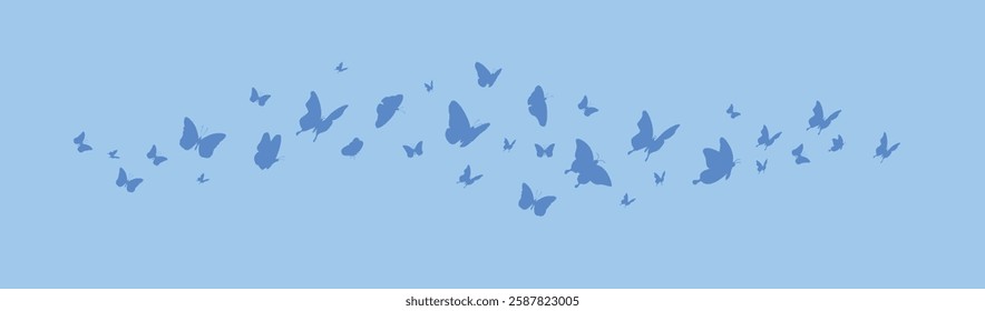 Baby blue pastel Butterflies silhouette flying background. Vector illustration isolated cute flat design.