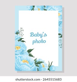 Baby blue photo frame with beautiful peonies flowers Its a boy announcement card Cute newborn design for baby shower or birth celebration
