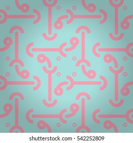 Baby blue and pink ornamental seamless pattern in minimalistic style. Retro motif. Colorful, graphical design for curtain, fabric, surface or other purpose.