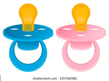 Baby blue and pink pacifiers or dummies. Vector illustration isolated on white background.