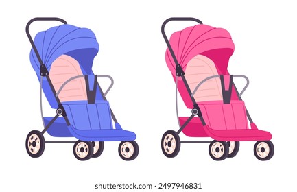 Baby blue and pink strollers. Cartoon newborn children pushchairs color for boy and girl flat vector illustration set. Pink and blue strollers for baby boy and girl