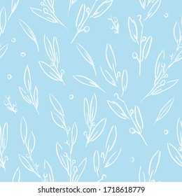 Babyblaues, nahtloses Muster mit handgezeichneten, weißen Blättern, Zweigen und Beeren.