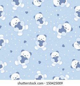 Baby blue seamless pattern with teddy bear and hearts. Vector illustration.