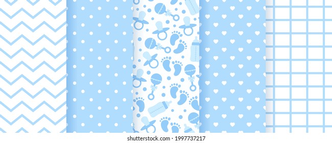 Baby blue seamless patterns. Pastel background. Baby boy geometric print. Vector. Set of kids textures. Cute childish backdrop with polka dot, zig zag, bottle, hearts and check. Modern illustration