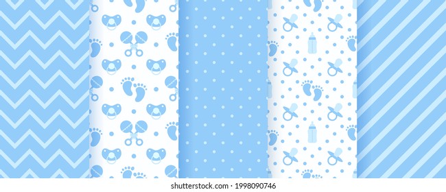 Baby blue seamless patterns. Pastel prints. Baby shower backgrounds. Vector. Set of kids textures. Cute childish backdrops with polka dot, zigzag, stripes, pacifier and bottle. Modern illustration 