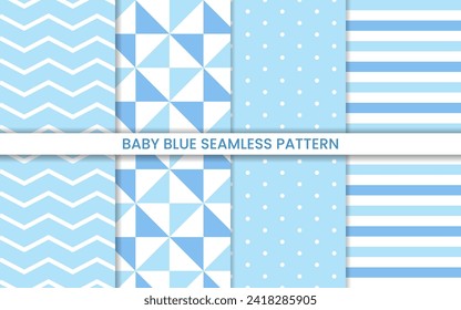 Baby blue seamless patterns. Baby Shower pattern. baby shower background. zig-zag pattern, polkadot, strip, triangle