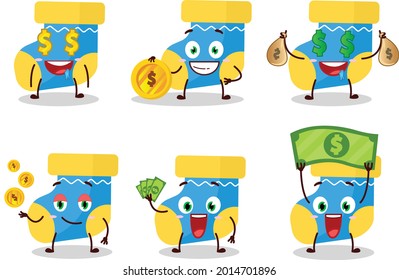 Baby blue socks cartoon character with cute emoticon bring money. Vector illustration
