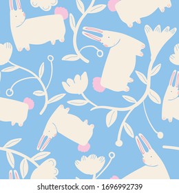 Baby Blue with whimsical Easter bunnies seamless pattern background design.