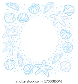 Baby blue and white seashells square framing with oval copy space. Childish summertime vector frame.