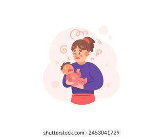 Baby blues syndrome. illustration of a woman looking stressed and frustrated because her baby keeps crying. a mother who is tired of taking care of her child. mental health disorders. character