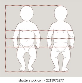 Baby body proportions for sewing clothing. Chest waist hips line. Infant figure Child outline vector sketch Template for technical drawing Front back.