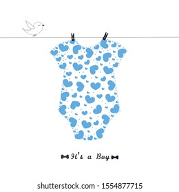 Baby body suit made of blue heart. It's a boy. Welcome, baby arrival greeting card